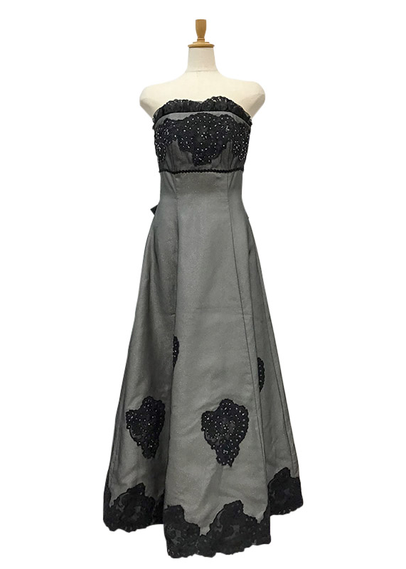 刺繍ラメグレーロングドレス